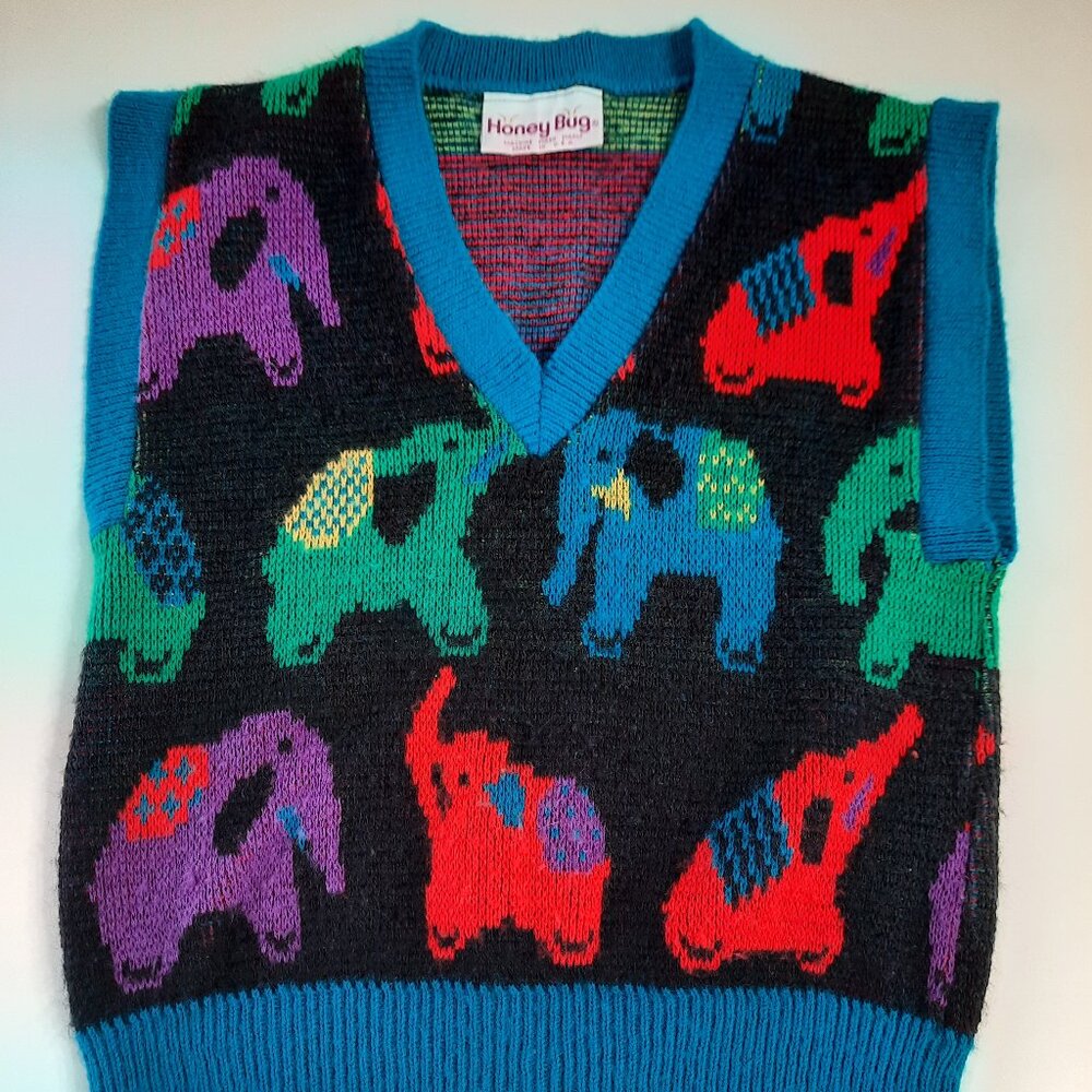 VTG Honey Bug Elephant Sweater Vest Kids Colorful Knit Made USA 80s 90s